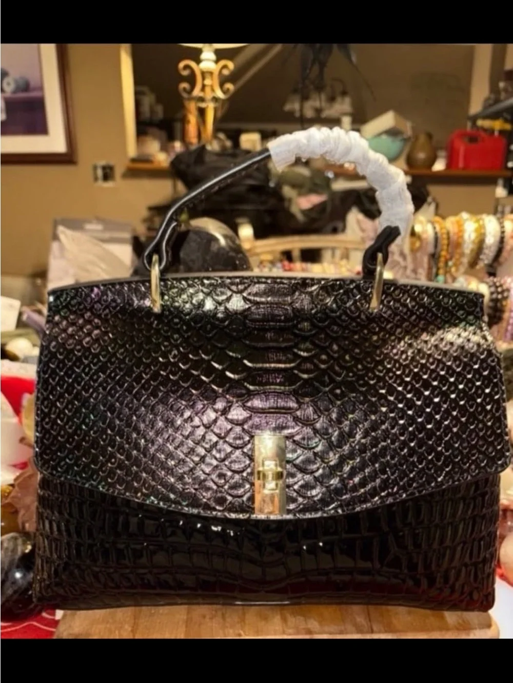 Black Croc-Embossed Top Handle Bag
